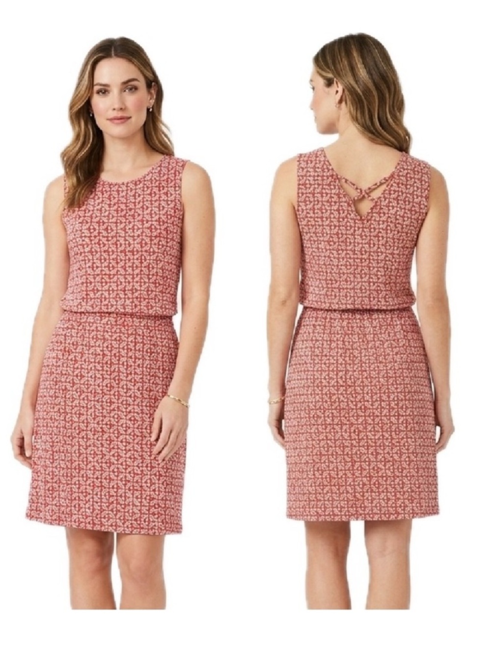 Athleta Dress Red & Gray Geometric Silk Blend Sleeveless Size Small Strappy Back